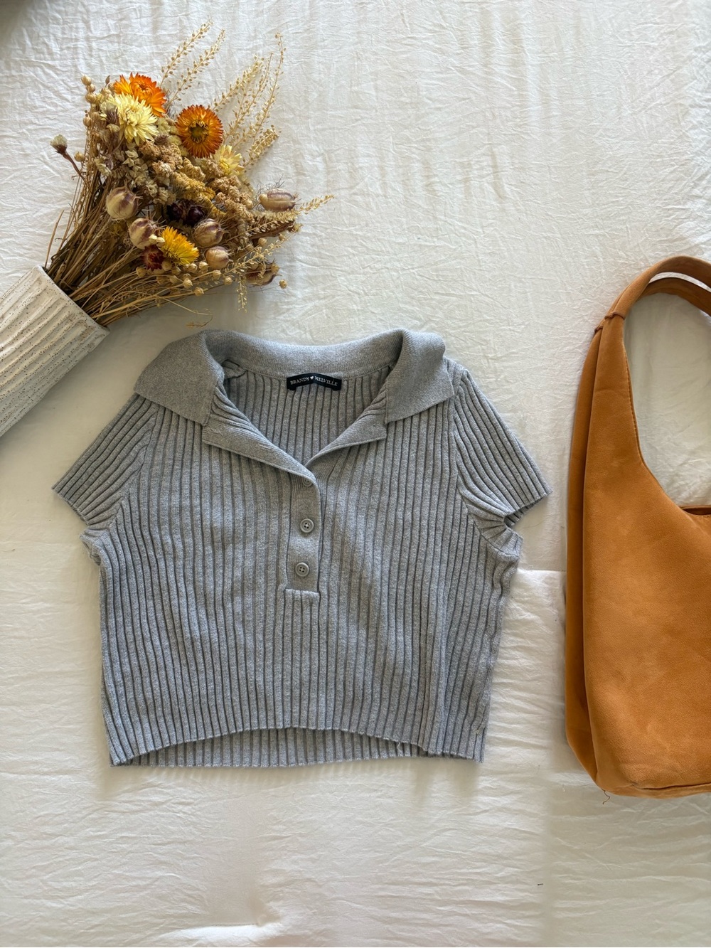 Brandy Melville Light Gray Ribbed V-Neck Polo Top